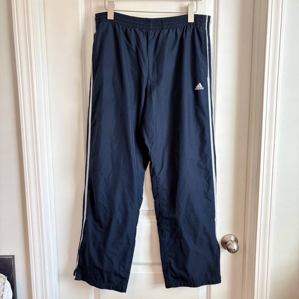 VTG Y2K Adidas Mens Navy Blue Three Stripe Wind Track Pants Lined Baggy‎ Medium